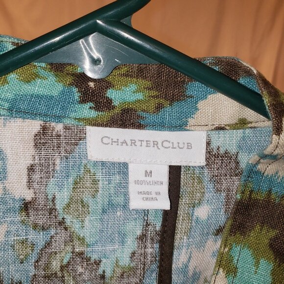 Charter Club Women's Blue Green Floral Linen Blend 3/4 Sleeve Shirt Jacket - M - Picture 4 of 4
